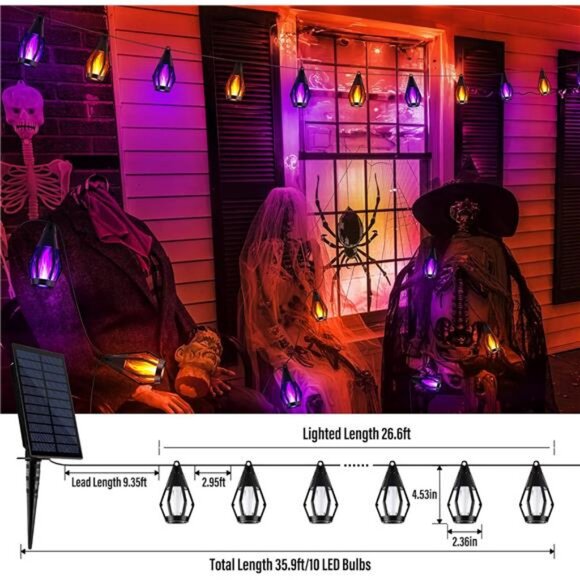 Solar Halloween Lights, 27Ft 10 LED Bulbs Flickering Flame String - Picture 3 of 7
